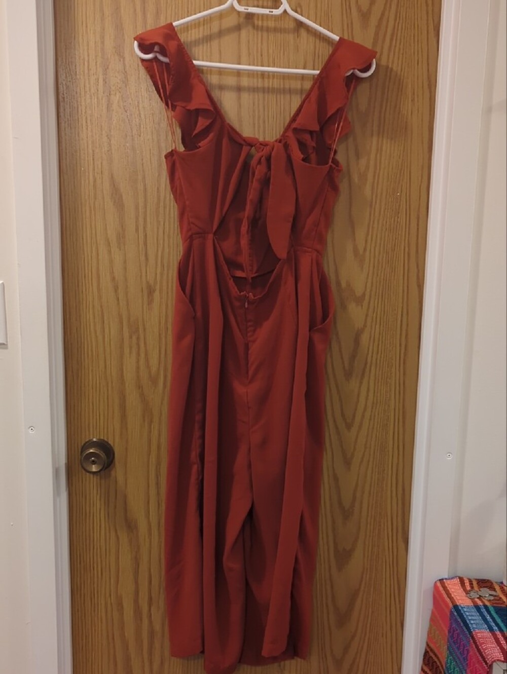 Rust Red Ruffled V-Neck Jumpsuit With Tieback - Picture 2 of 7